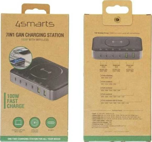 4smarts Įkrovimo stotelė 7in1 100W su belaidžiu įkrovimu juodos ir pilkos spalvos 540571