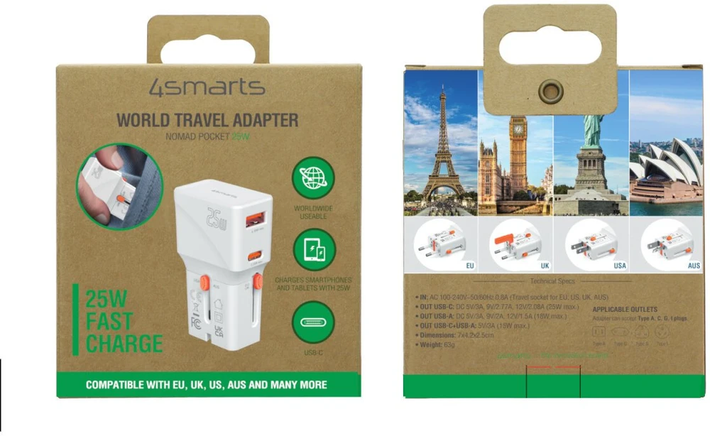 Įkroviklis podróży 4smarts World Travel Adapteris Nomad Pocket 25W USB-C/USB-A baltas