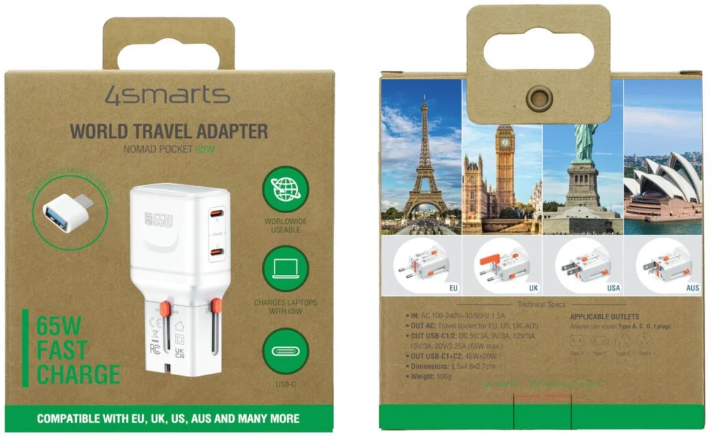 4smarts kelioninis adapteris „Nomad Pocket“ 65 W, baltas