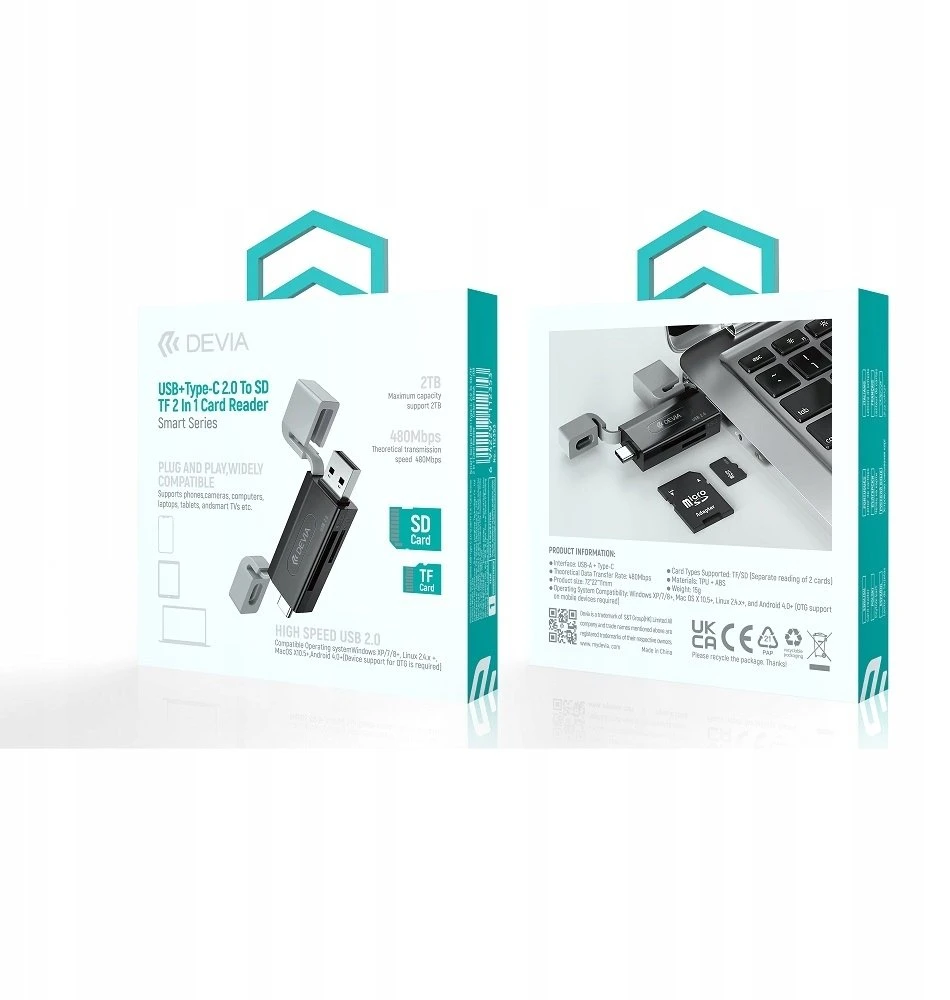 Devia kortelių skaitytuvas 2in1 EL239 USB/USB-C 2.0 juodos spalvos