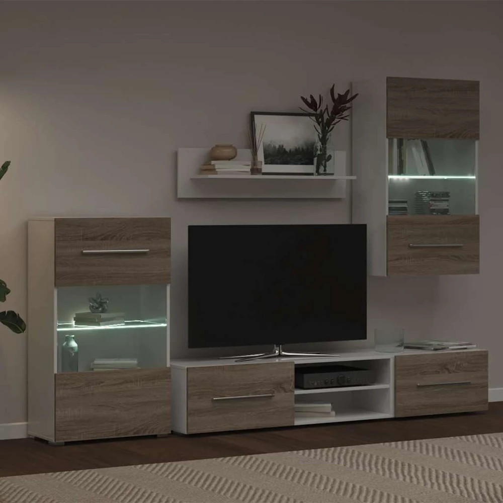 TV staliukas 5 dalių televizoriaus spintelės su LED apšvietimu, sonoma ąžuolas, inžinerinė mediena