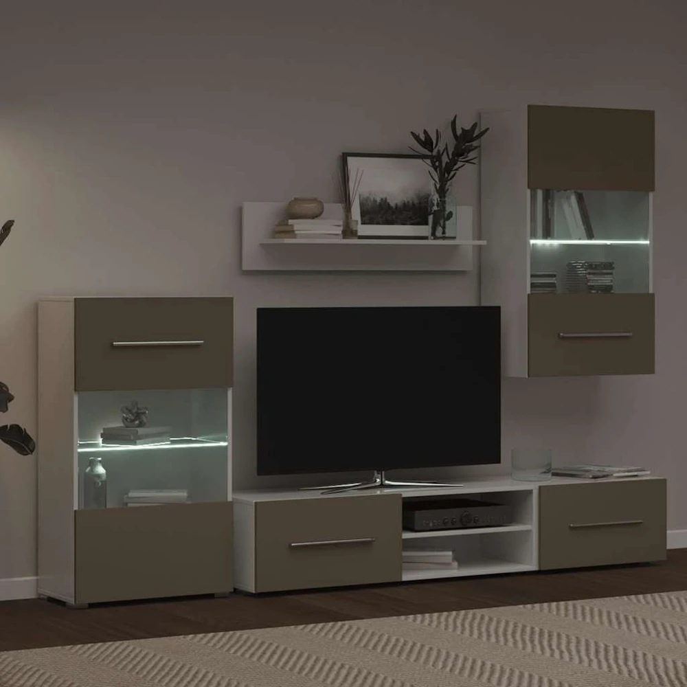 TV staliukas 5 dalių televizoriaus spintelės su LED apšvietimu, akmens pilkos spalvos, inžinerinė mediena