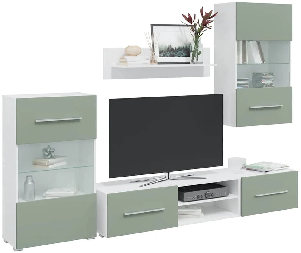 TV staliukas 5 dalių televizoriaus spintelės su LED apšvietimu, alyvuogių žalios spalvos, inžinerinė mediena