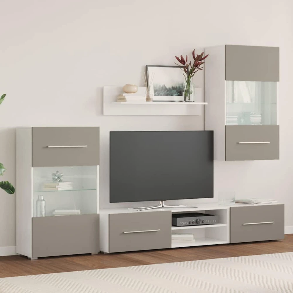 TV staliukas 5 dalių televizoriaus spintelės su LED apšvietimu, akmens pilkos spalvos, inžinerinė mediena