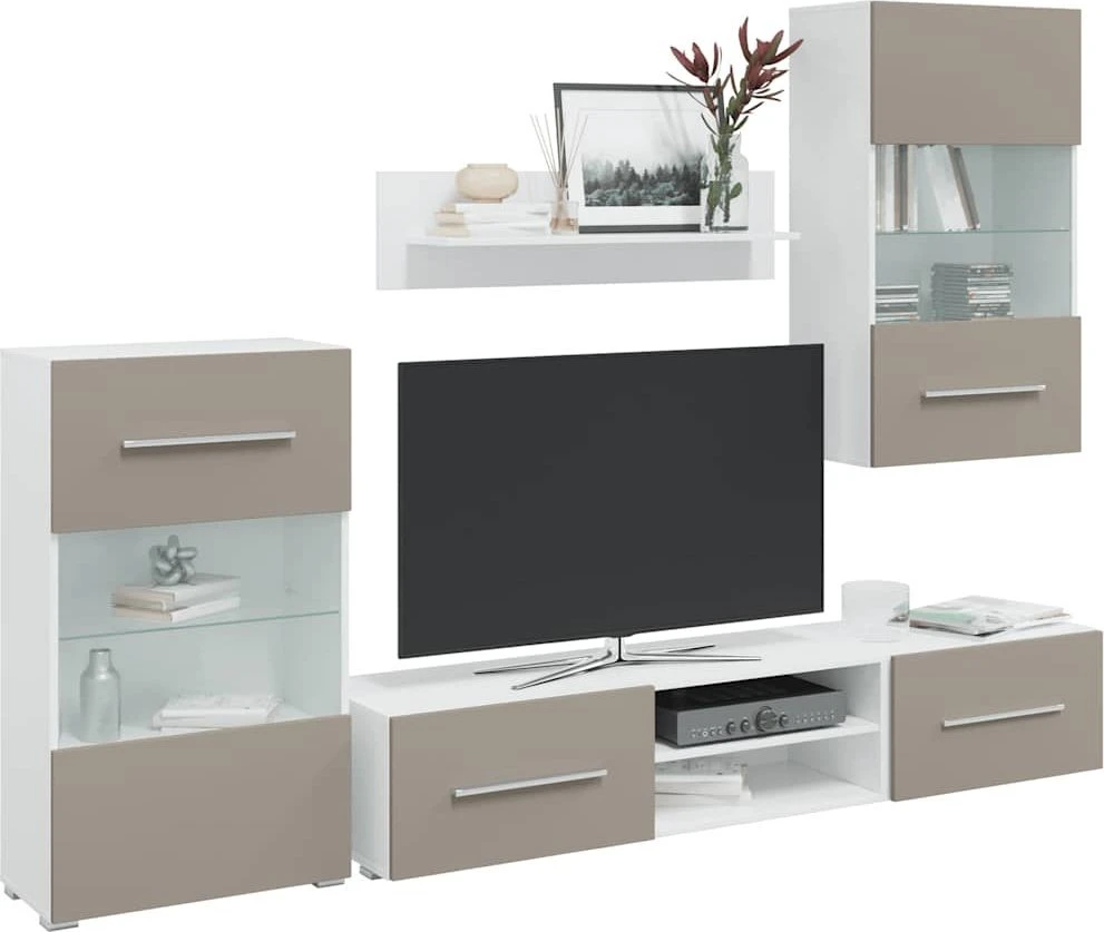 TV staliukas 5 dalių televizoriaus spintelės su LED apšvietimu, akmens pilkos spalvos, inžinerinė mediena
