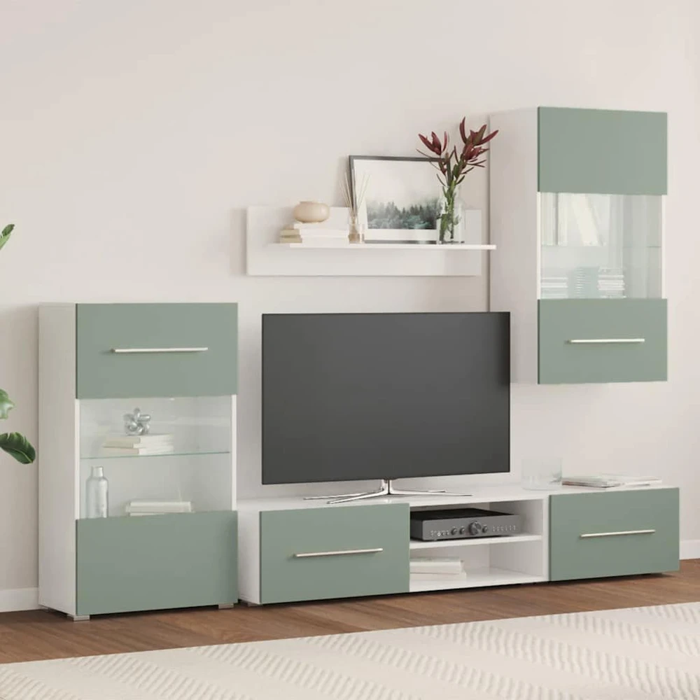 TV staliukas 5 dalių televizoriaus spintelės su LED apšvietimu, alyvuogių žalios spalvos, inžinerinė mediena