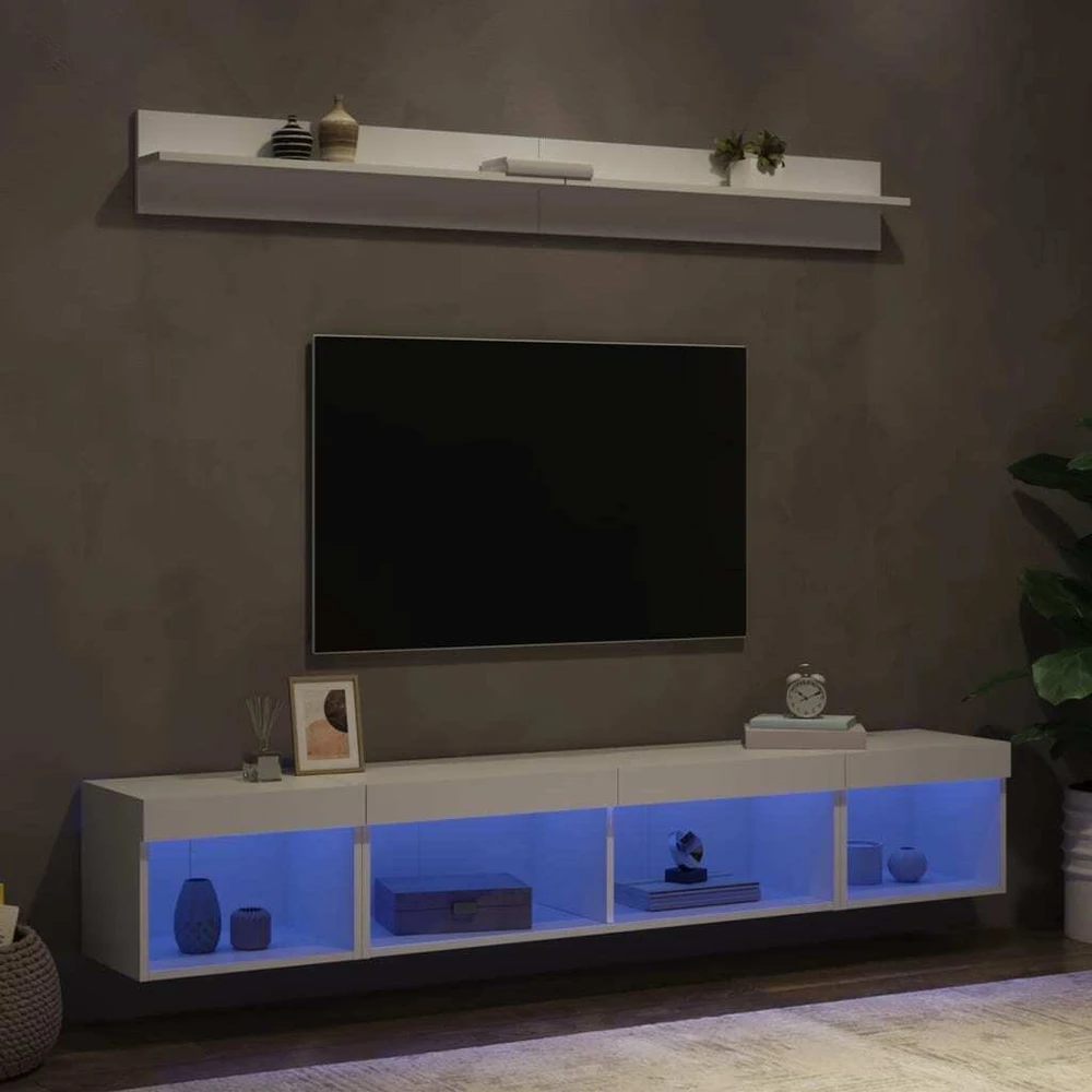 TV staliukas Sieninė TV sekcija su LED, 5 dalių, balta, apdirbta mediena