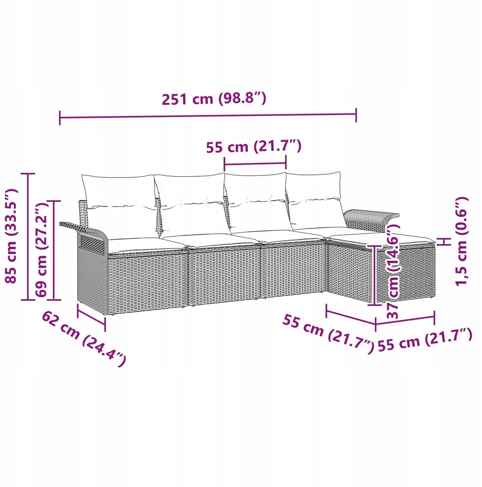 Lauko sofa 5 vnt. Juoda poliratanas