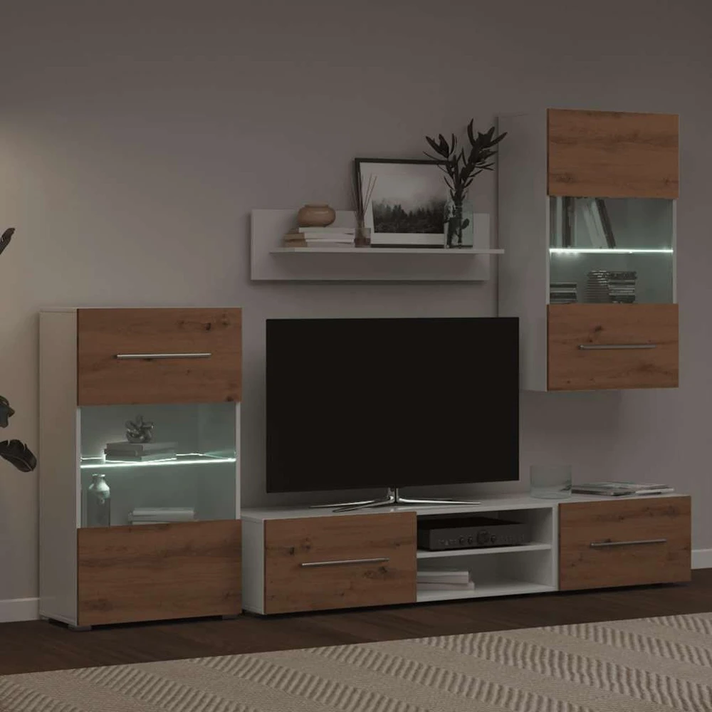 TV staliukas 5 dalių televizoriaus spintelės su LED apšvietimu, dirbtinio ąžuolo spalvos, inžinerinė mediena