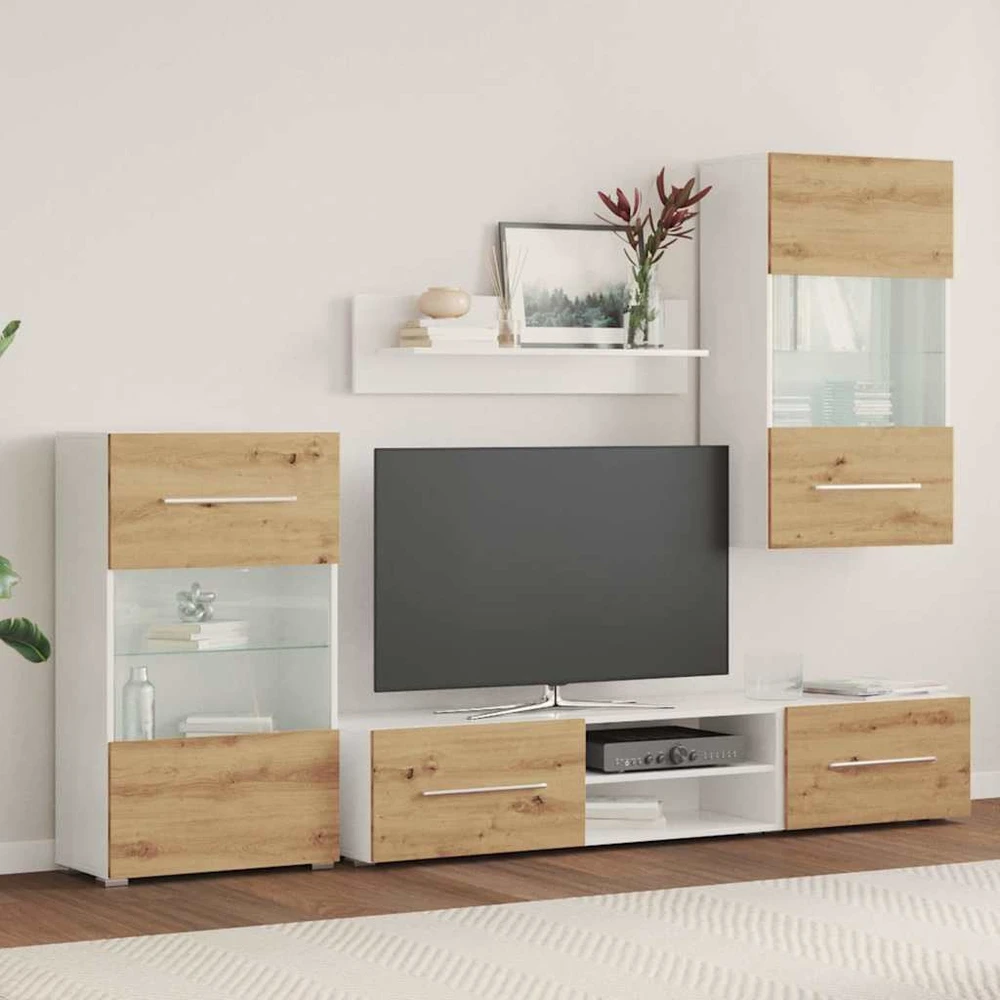 TV staliukas 5 dalių televizoriaus spintelės su LED apšvietimu, dirbtinio ąžuolo spalvos, inžinerinė mediena