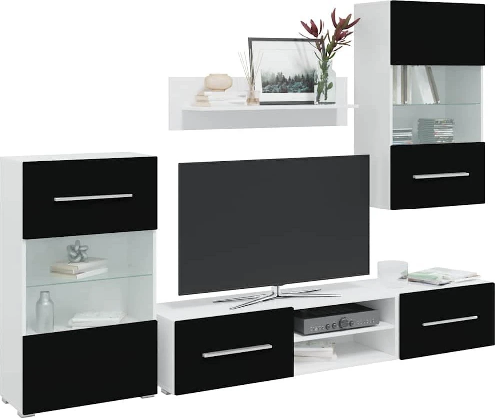 TV staliukas 5 dalių televizoriaus spintelės su LED apšvietimu, matinės juodos spalvos, inžinerinė mediena