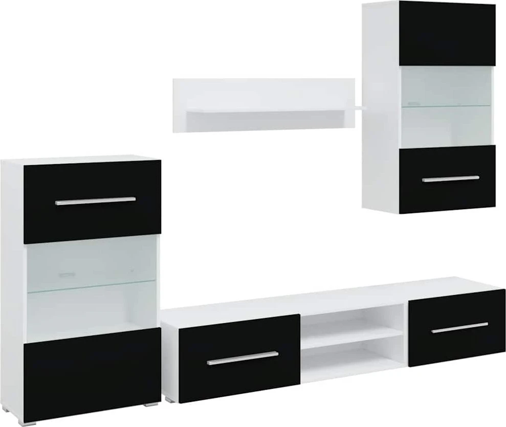 TV staliukas 5 dalių televizoriaus spintelės su LED apšvietimu, matinės juodos spalvos, inžinerinė mediena
