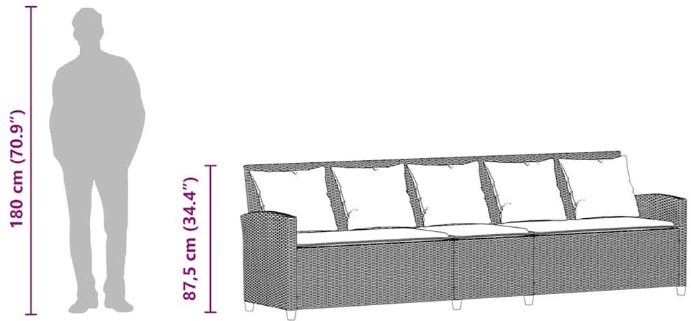 Lauko baldų komplektas Sodo sofa, 5 vietų, su pagalvėlėmis, juoda, poliratanas