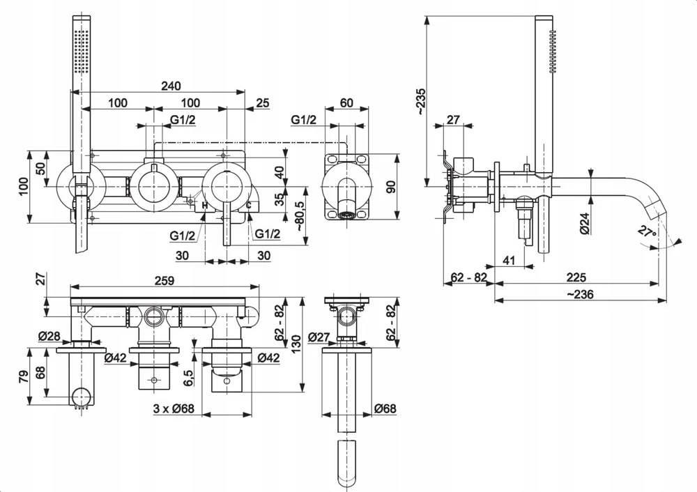 KFA 5039-411-61 / KFA / MOZA / Rinkinys WANNOWY PODTYNKOWY Z BATERIĄ 3-OTW, 2-FUNK GUN METAL Pilkas PVD /