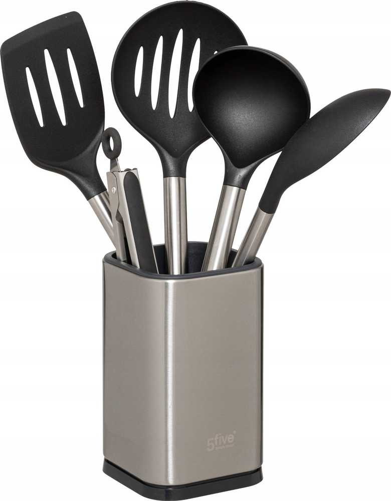 5five Simply Smart Steel 5 virtuvės reikmenų rinkinys su nerūdijančio plieno stovu.
