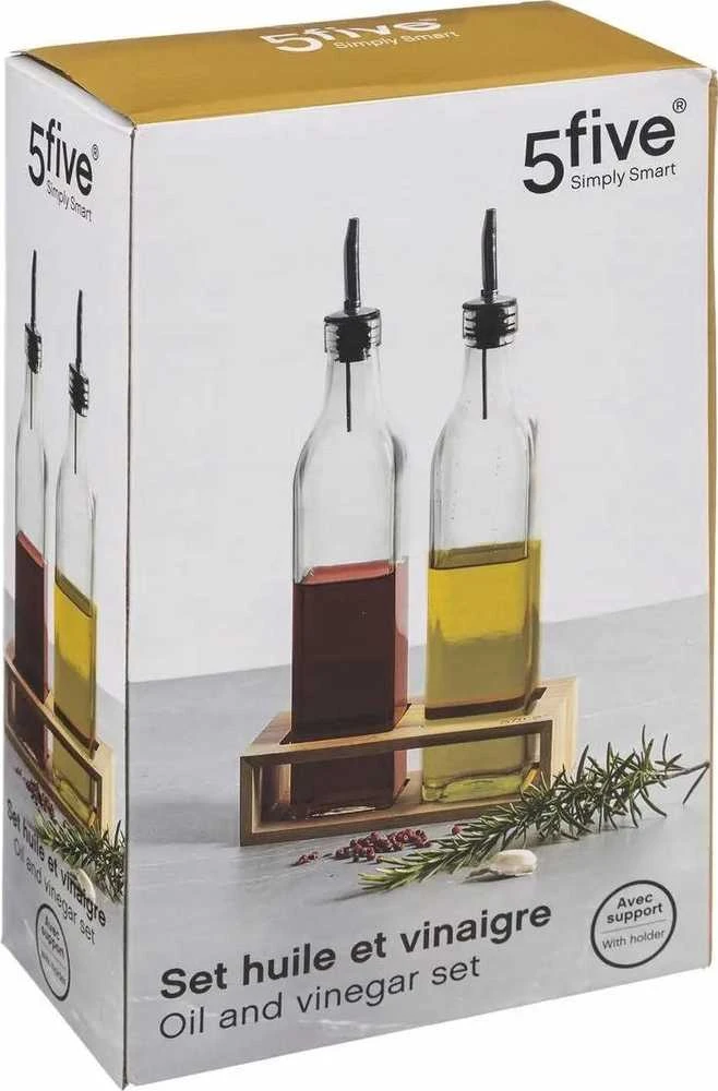 5five Simply Smart Bamboo Aliejaus ir acto buteliai su dozatoriumi + bambuko lentyna