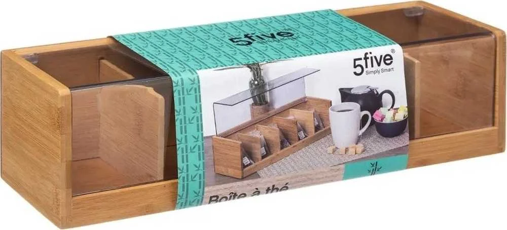 5five Simply Smart Bamboo Medinė arbatos dėžutė - 5 skyreliai, bambukinė
