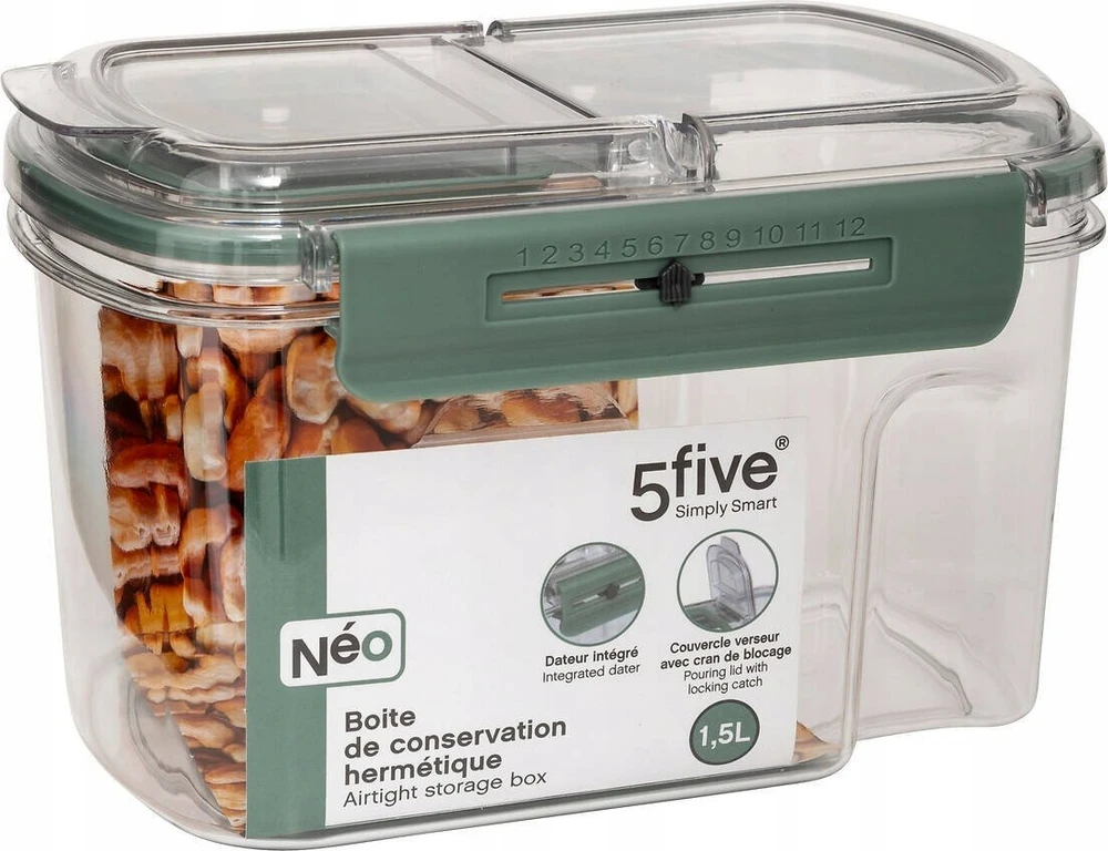 5five Simply Smart Hermetiškas PP NEO maisto indas su datos ekranu, 1500 ml