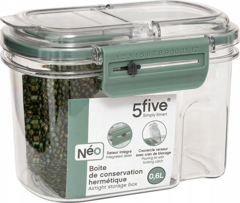 5five Simply Smart Hermetiškas PP NEO maisto indas su datos ekranu, 600 ml