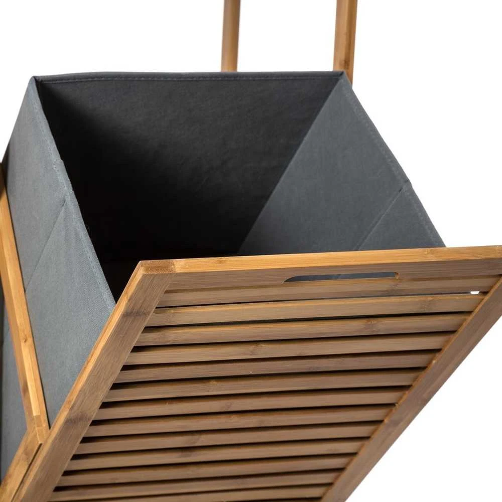 5five Simply Smart Bamboo Bambuko pluošto vonios lentyna su skalbinių krepšeliu, knygų lentyna su lentynomis, bambuko lentyna, atlenkiamas skalbinių krepšelis