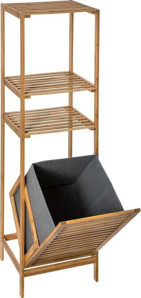 5five Simply Smart Bamboo Bambuko pluošto vonios lentyna su skalbinių krepšeliu, knygų lentyna su lentynomis, bambuko lentyna, atlenkiamas skalbinių krepšelis