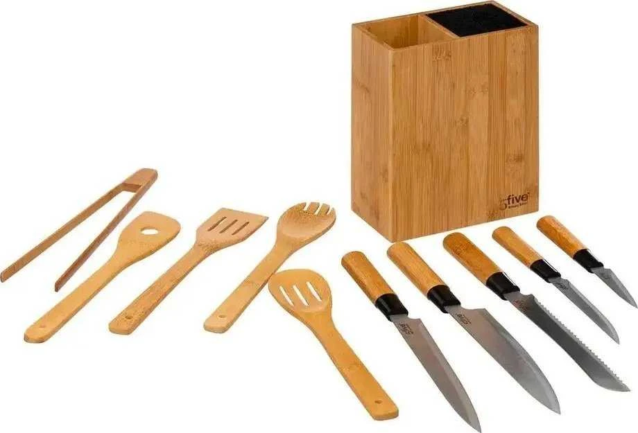 5five Simply Smart Bamboo Virtuvės aksesuarų rinkinys bambukiniame bloke: 6 peiliai ir 5 indai