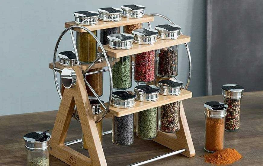 5five Simply Smart Bamboo Secret de Gourmet bambuko prieskonių stovas su 15 stiklinių indelių