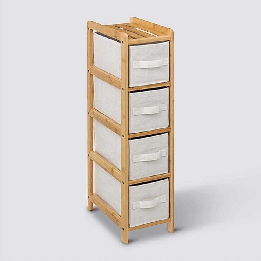 5five Simply Smart Bamboo TIDY siauras bambukinis stelažas su 4 medžiaginiais krepšeliais, aukštis 78,5 cm