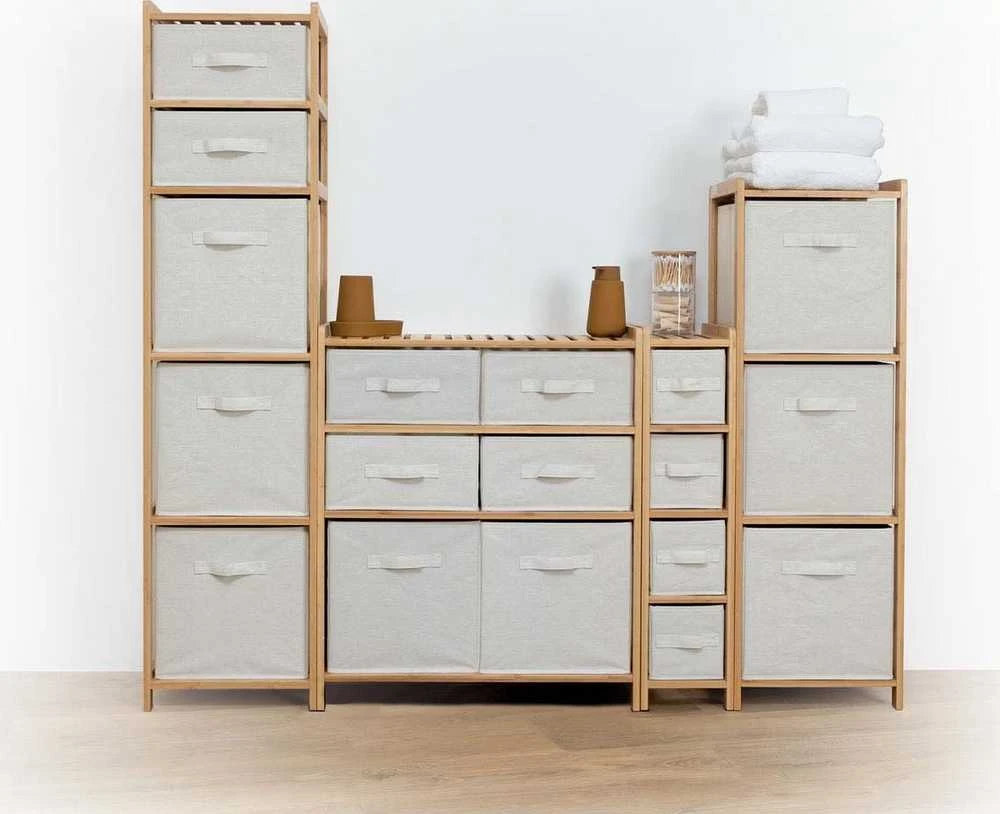 5five Simply Smart Bamboo TIDY siauras bambukinis stelažas su 4 medžiaginiais krepšeliais, aukštis 78,5 cm