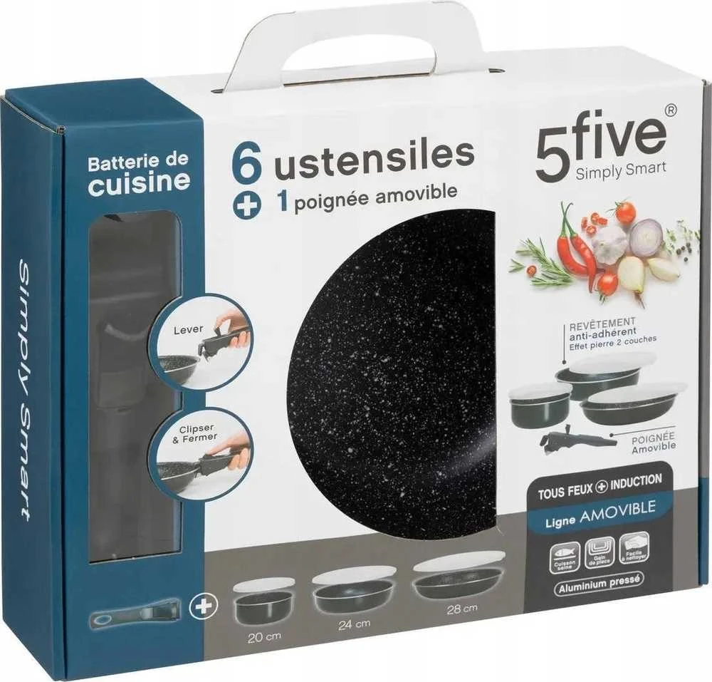 5five Simply Smart 5penki puodų rinkinys su nuimama rankena ir silikoniniais dangteliais, 6 vnt