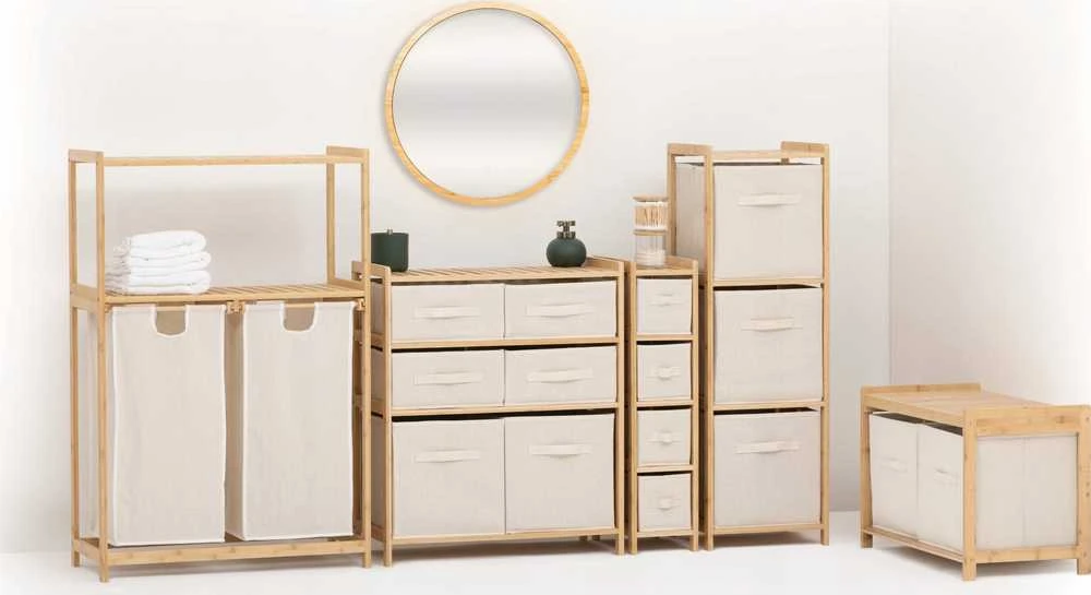 5five Simply Smart Bamboo Bambukinė lentyna su skalbinių krepšeliu TIDY BOX, 72 x 33 x 109 cm