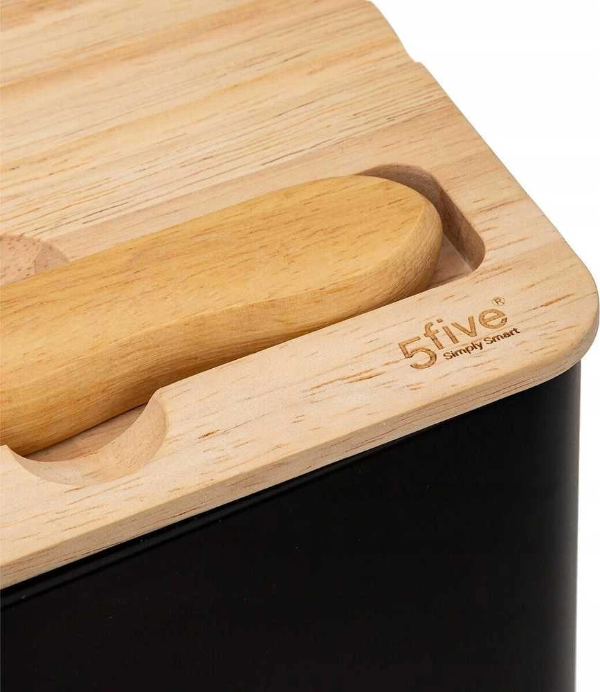 5five Simply Smart Juodos duonos dėžutė su pjaustymo lentele ir dantytu peiliu, 32,7 x 20,2 x 14,5 cm