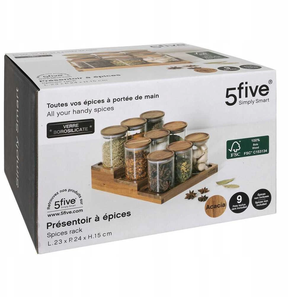 5five Simply Smart HARMONY prieskonių stiklainiai ant medinės lentynos, 9 x 180 ml