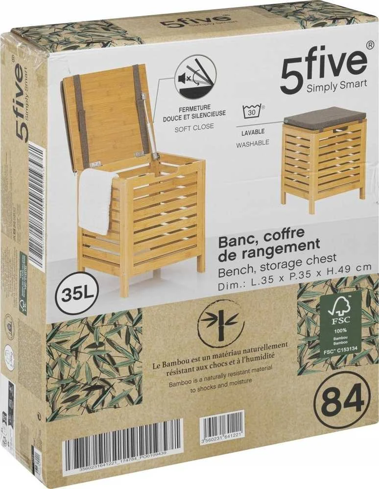5five Simply Smart BAMBOO vonios taburetė su skalbinių krepšeliu, 2in1