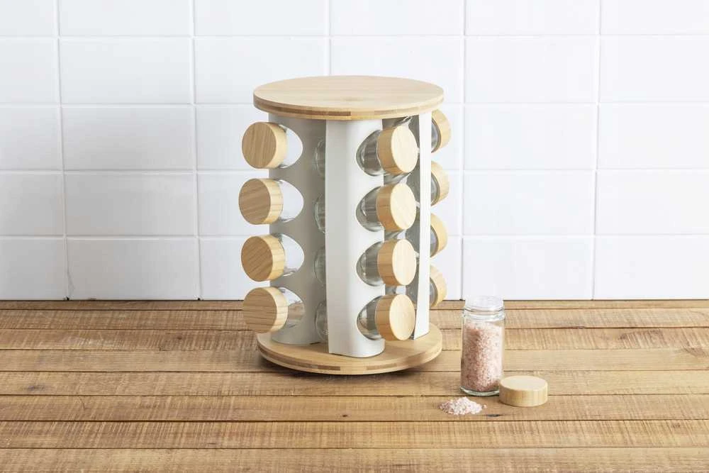5five Simply Smart Bamboo Besisukanti prieskonių lentynėlė SENSIA 13 stiklainių su bambukiniais dangteliais