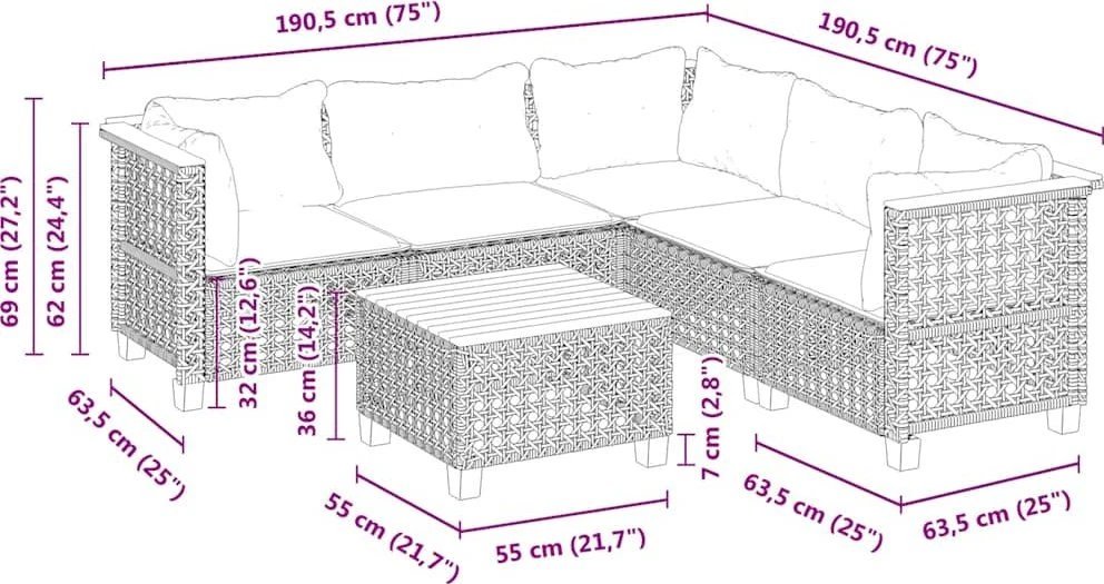 Lauko baldų komplektas Sofos komplektas su pagalvėlėmis, 6 dalių, smėlio, poliratanas