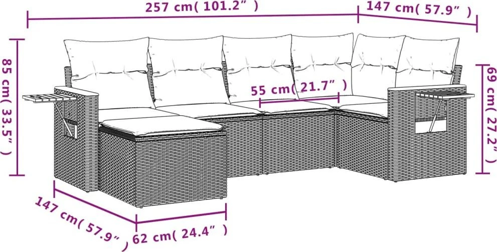 Lauko baldų komplektas Sofos komplektas su pagalvėlėmis, 6 dalių, juodas, poliratanas