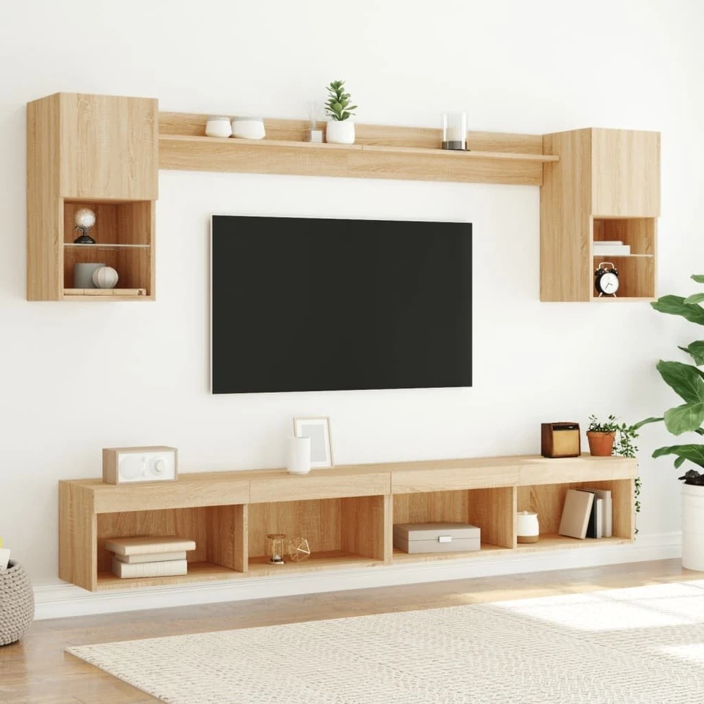 TV staliukas Sieninė TV sekcija su LED, 6 dalių, ąžuolo, apdirbta mediena