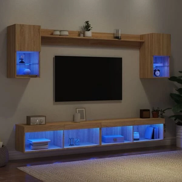 TV staliukas Sieninė TV sekcija su LED, 6 dalių, ąžuolo, apdirbta mediena