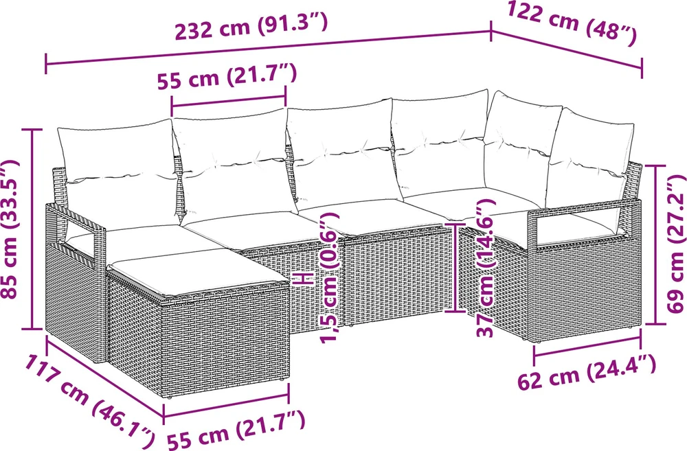 Lauko baldų komplektas Sofos komplektas 6 vnt. Juoda poliratanas