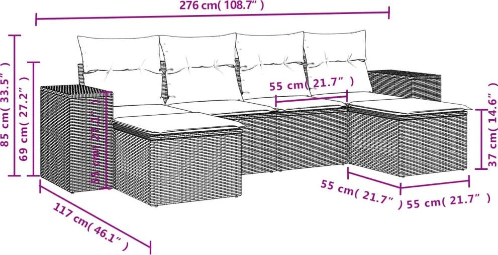 Lauko baldų komplektas Sofos komplektas su pagalvėlėmis, 6 dalių, rudas, poliratanas