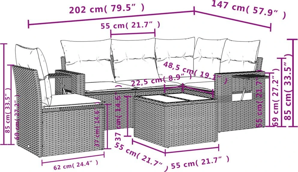 Lauko baldų komplektas Sofos komplektas su pagalvėlėmis, 6 dalių, rudas, poliratanas