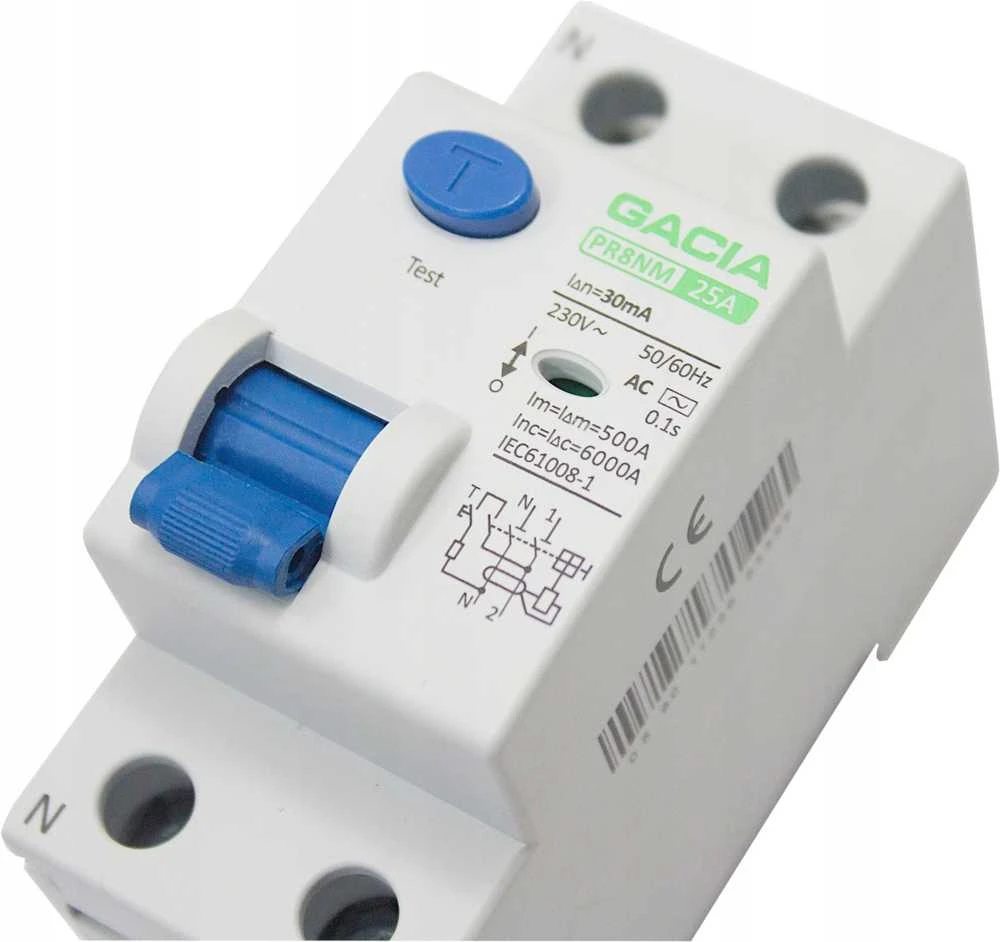 6kA 2P 25A 30mA diferencialinis automatinis jungiklis, tipas: AC GACIA PR8NM 2P 25A 30MA AC