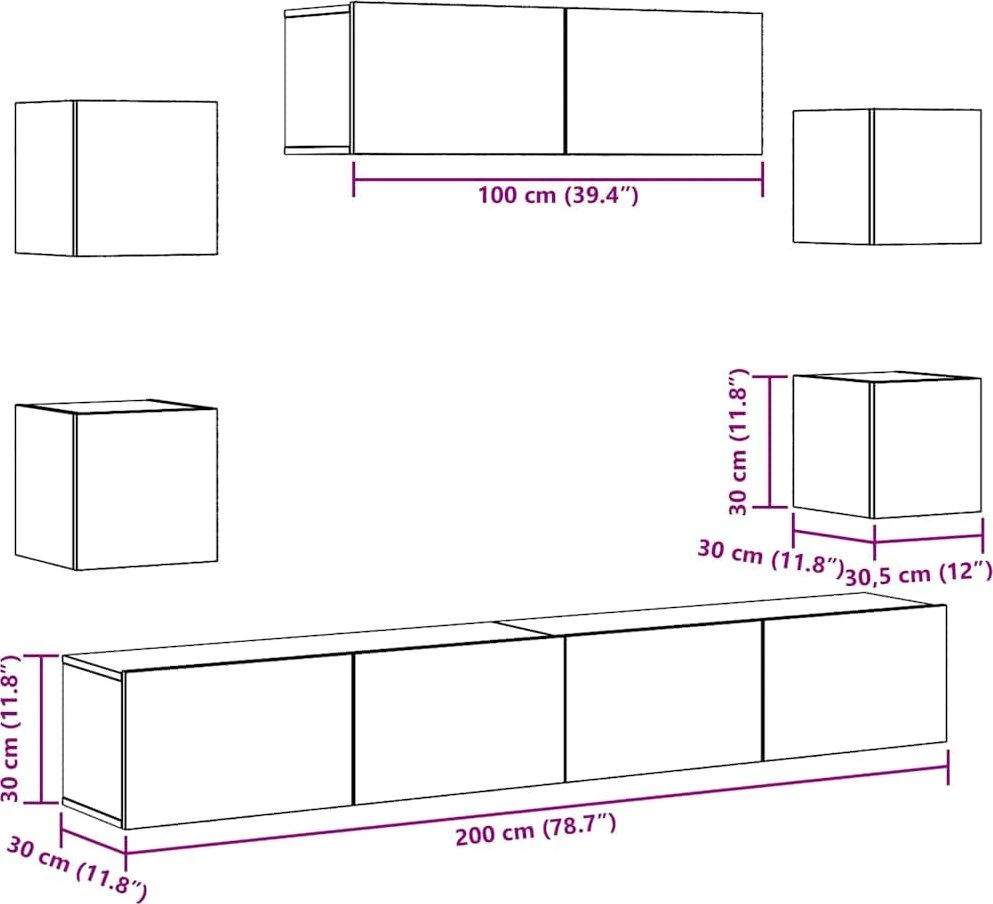 TV staliukas 7 dalių sieninis televizoriaus spintelės komplektas Artisan Oak