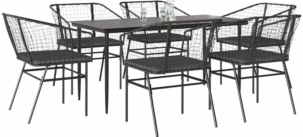 Sodo komplektas, 7 dalių, juodas, poliratanas ir akacija