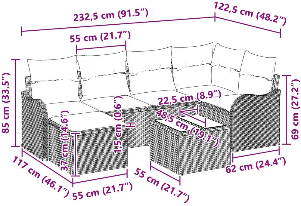 Lauko baldų komplektas Sodo Sofų Rinkinys su pagalve 7 pcs Smėlio Poli ratanas