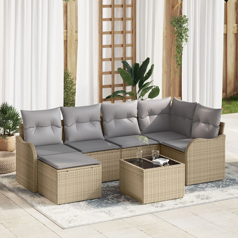 Lauko baldų komplektas Sodo Sofų Rinkinys su pagalve 7 pcs Smėlio Poli ratanas