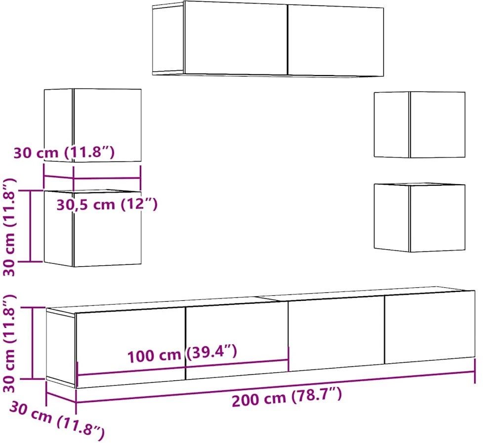 TV staliukas 7 dalių sieninis televizoriaus spintelės komplektas Artisan Oak