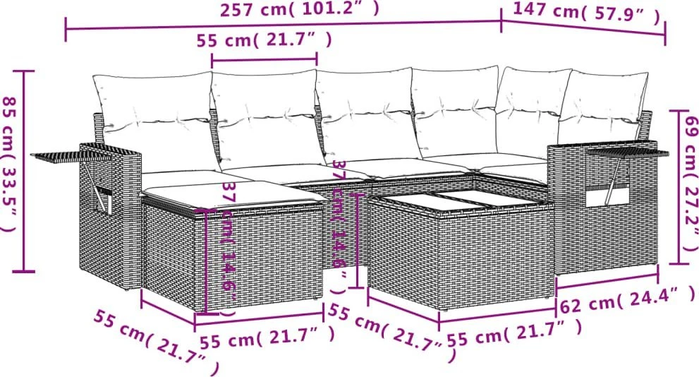 Lauko baldų komplektas Sofos komplektas su pagalvėlėmis, 7 dalių, rudas, poliratanas