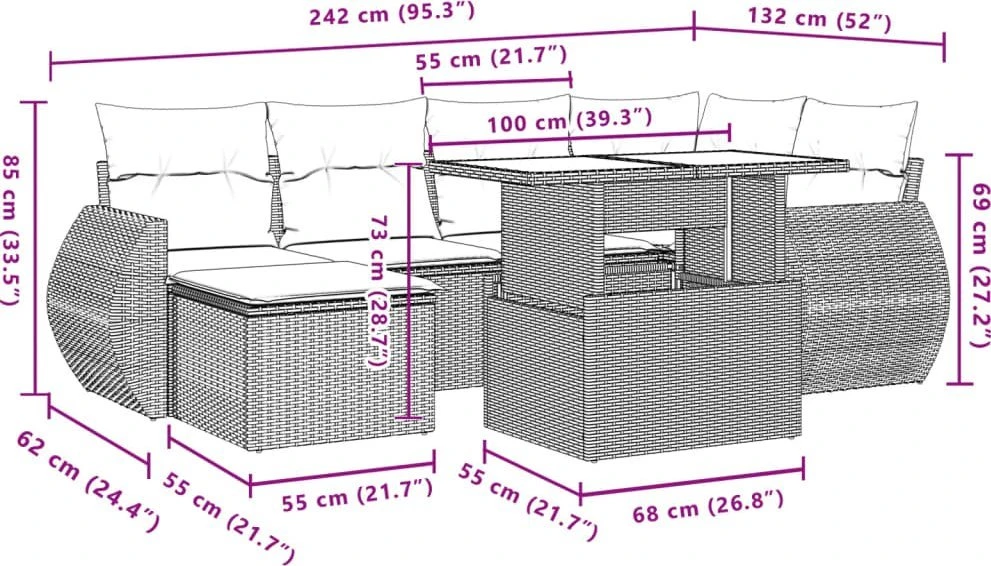 Lauko baldų komplektas Sofos komplektas su pagalvėlėmis, 7 dalių, rudas, poliratanas